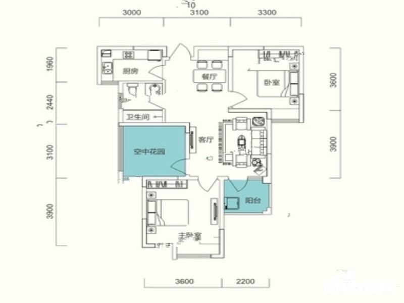 华盛大运城2室2厅1卫88㎡户型图