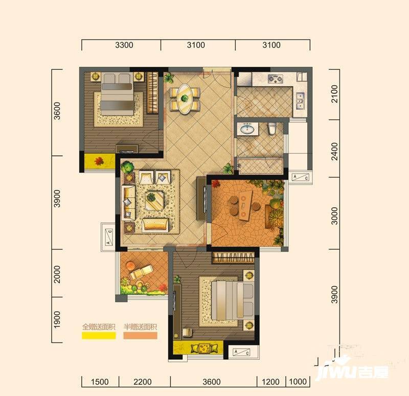 华盛大运城2室2厅1卫88㎡户型图