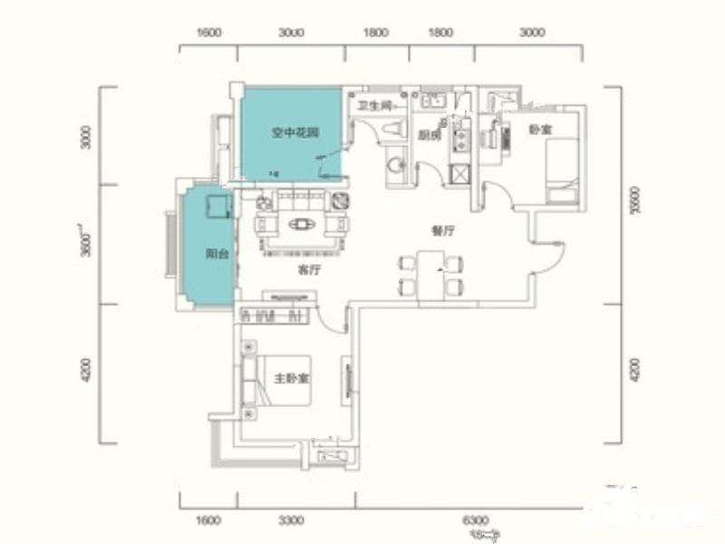 华盛大运城2室2厅1卫89㎡户型图