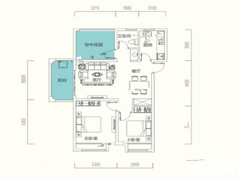 华盛大运城2室2厅1卫89㎡户型图