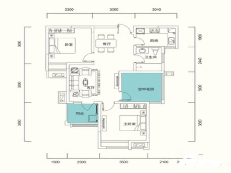 华盛大运城2室2厅1卫89㎡户型图