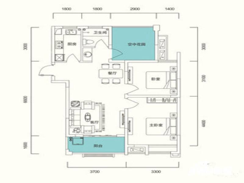 华盛大运城2室2厅1卫89㎡户型图