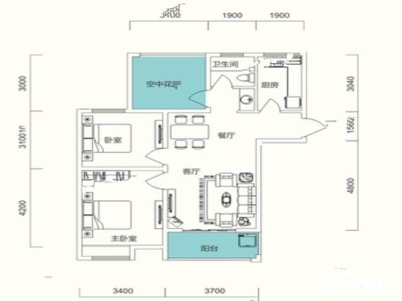 华盛大运城3室2厅1卫89㎡户型图