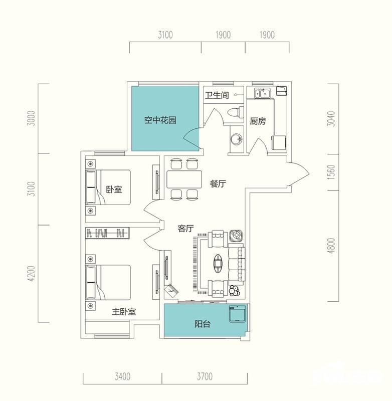 华盛大运城3室2厅1卫89㎡户型图