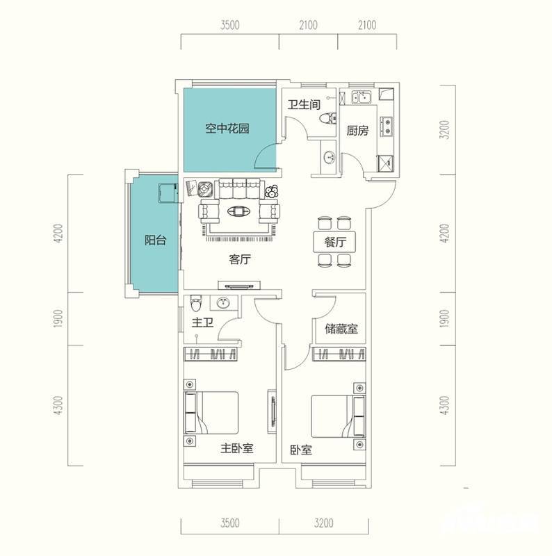 华盛大运城3室2厅2卫117㎡户型图