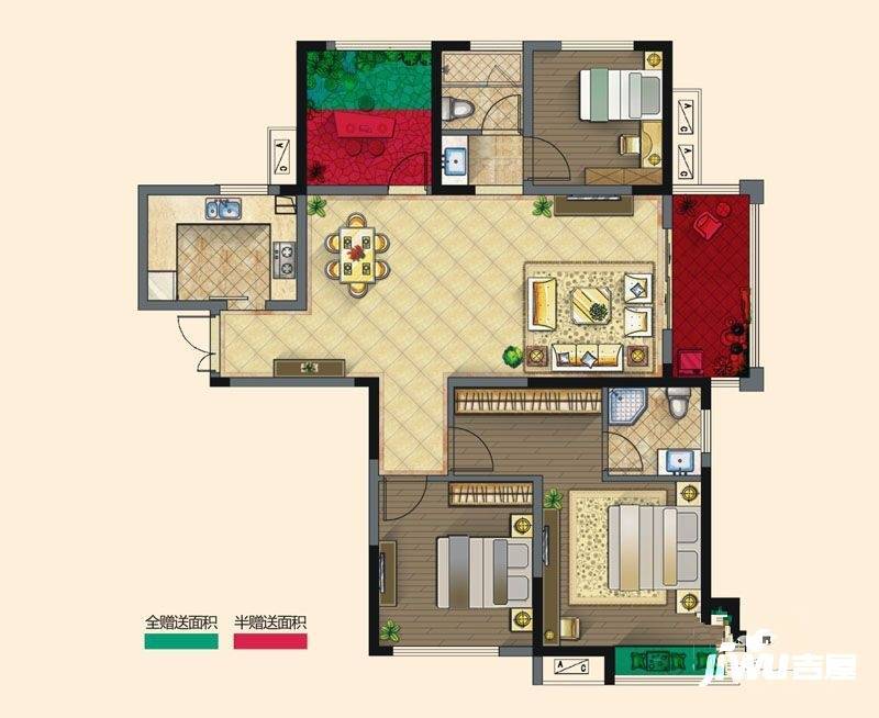 华盛大运城3室2厅2卫128㎡户型图