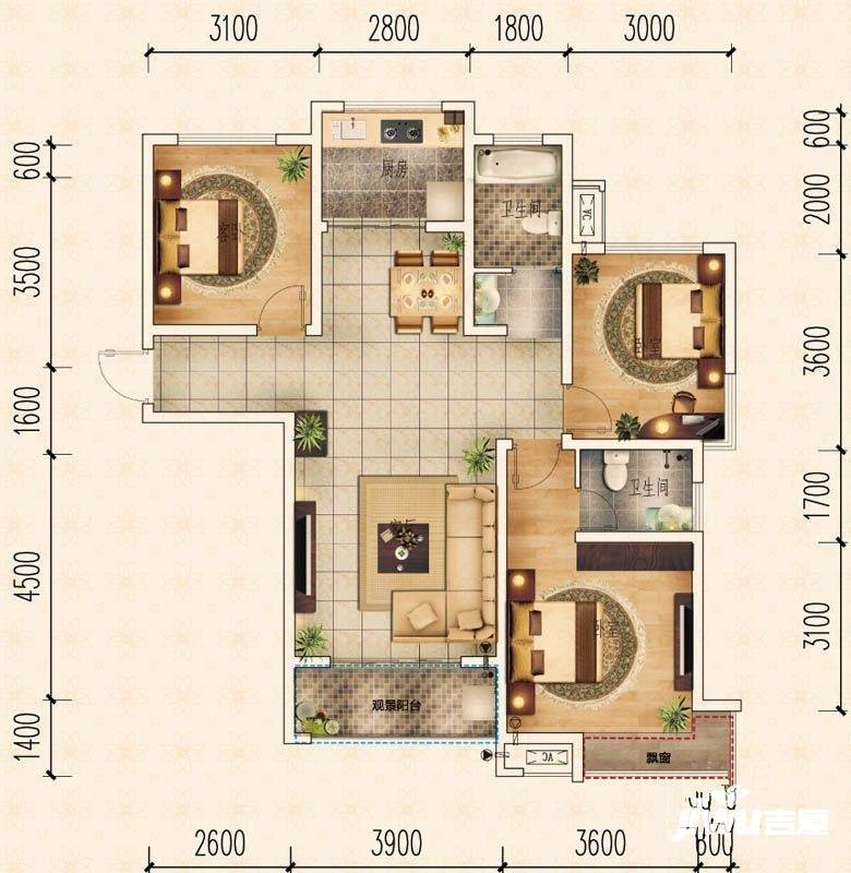 圣联东方早城3室2厅2卫113.2㎡户型图