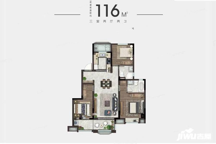 新城滨湖云境3室2厅1卫116㎡户型图