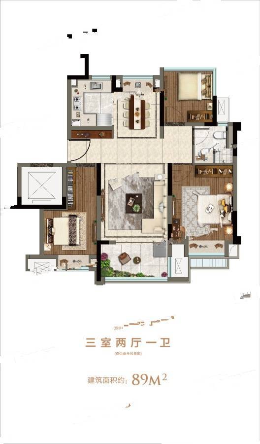 龙湖春江紫宸3室2厅1卫89㎡户型图