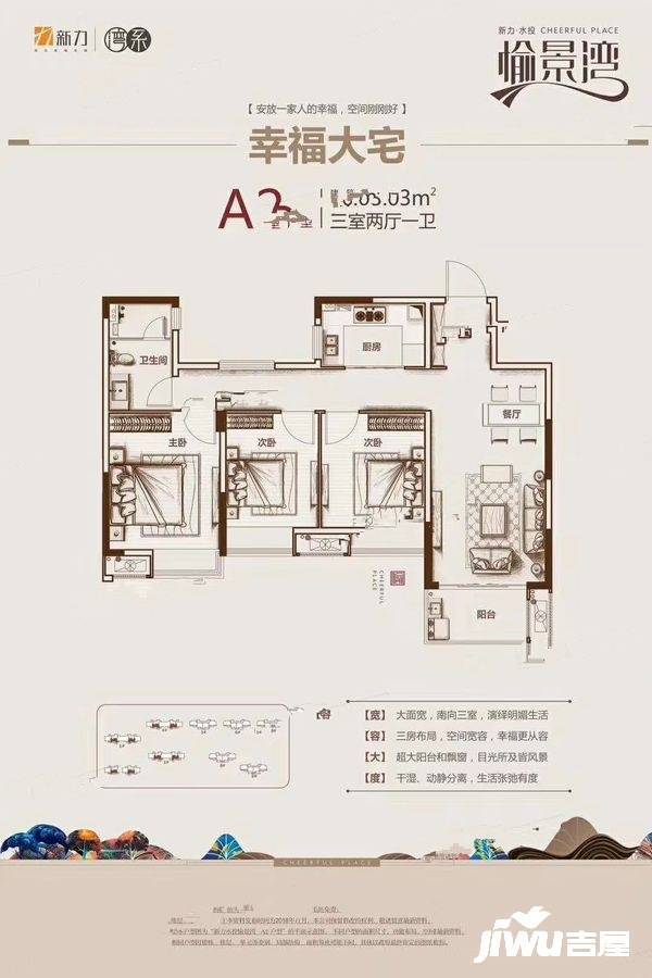 新力水投愉景湾3室2厅1卫95㎡户型图