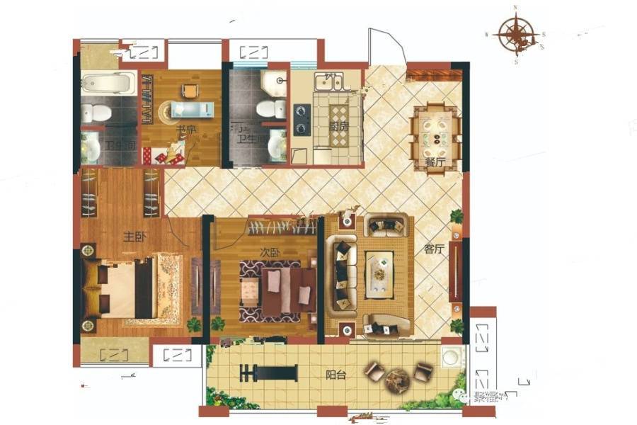 聚福未来城3室2厅2卫104㎡户型图