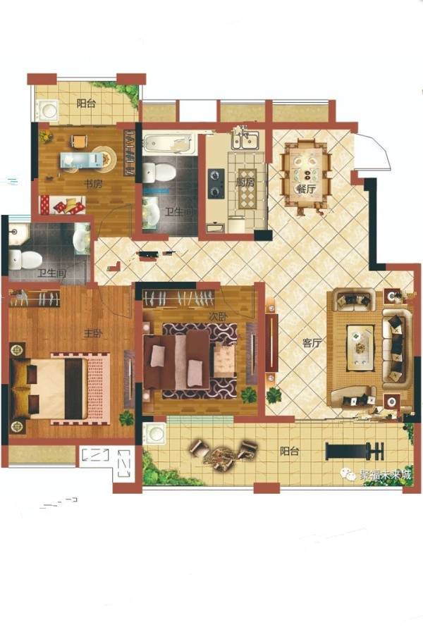 聚福未来城3室2厅2卫106㎡户型图