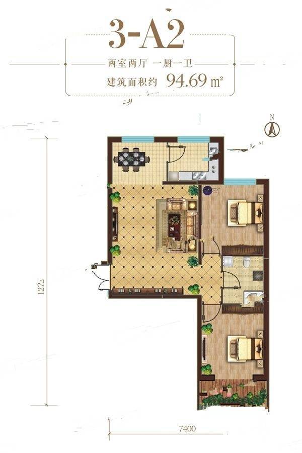 天佑嘉州润园2室2厅1卫96.7㎡户型图