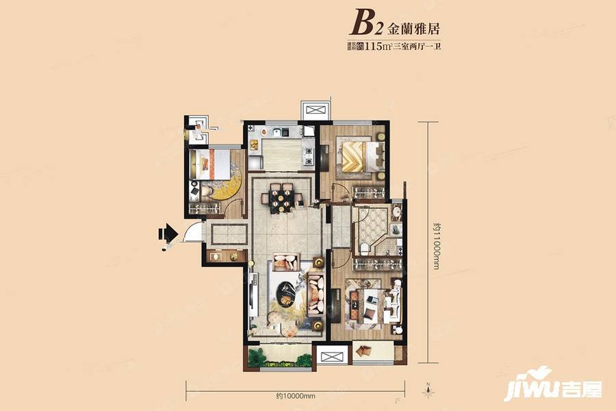 瑞辰金蘭府3室2厅1卫115㎡户型图