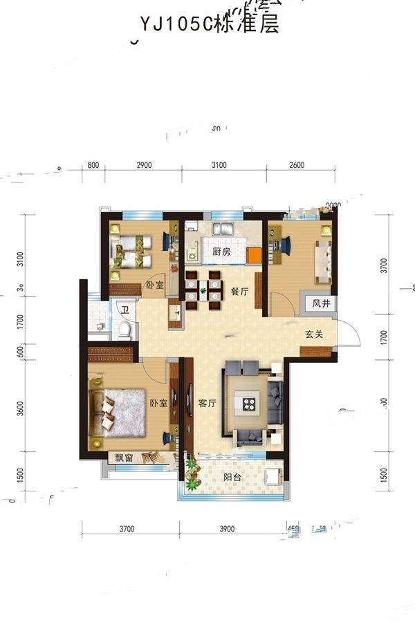 碧桂园城市花园3室2厅1卫106㎡户型图