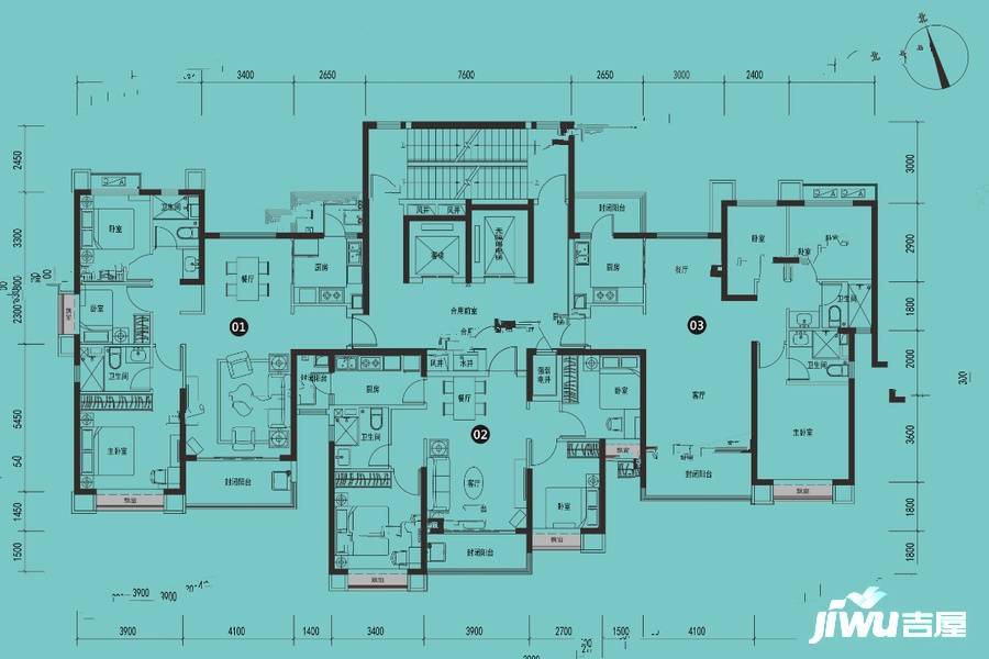 安康恒大未来城3室2厅2卫130㎡户型图