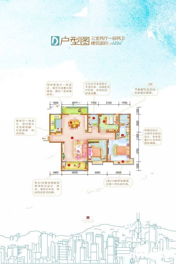 天一城市之光康桥府3室2厅2卫129㎡户型图