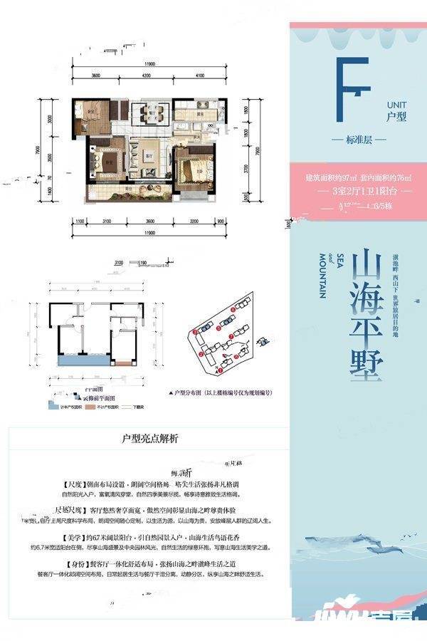 昆明融创文旅城3室2厅1卫97㎡户型图