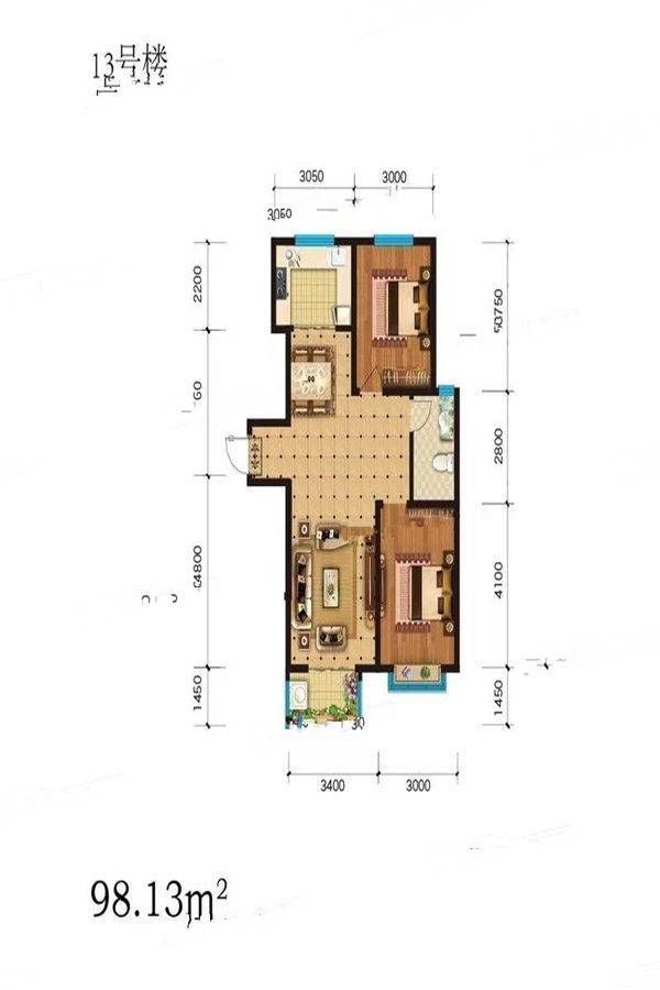 雅都园2室2厅1卫98.1㎡户型图