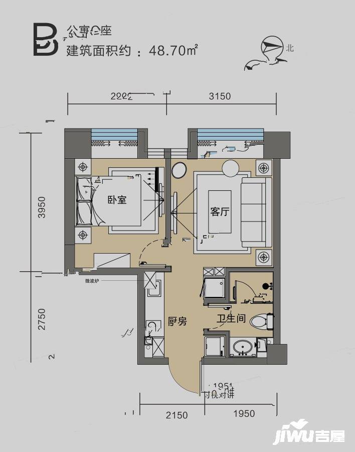 厚德锦寓1室1厅1卫48.7㎡户型图