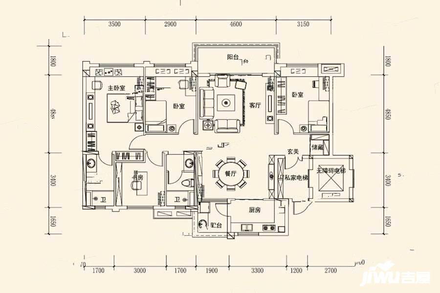 碧桂园中铁天麓1号4室2厅2卫142㎡户型图