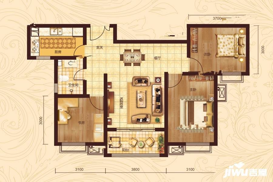 星鼎庭园三期3室2厅1卫110.2㎡户型图