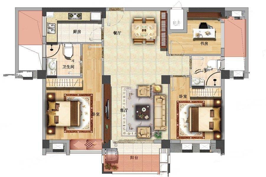 成煌公园壹号3室2厅2卫100㎡户型图