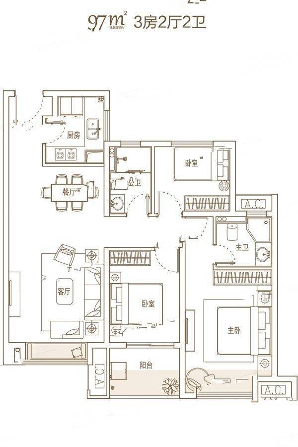 中骏丽景府3室2厅2卫97㎡户型图