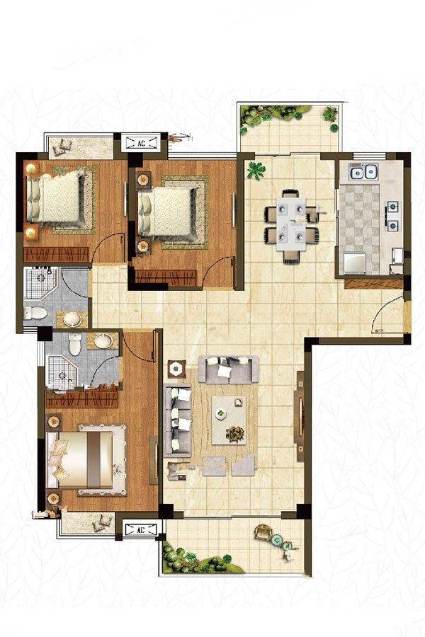 卓辉东湖悦城3室2厅2卫106㎡户型图