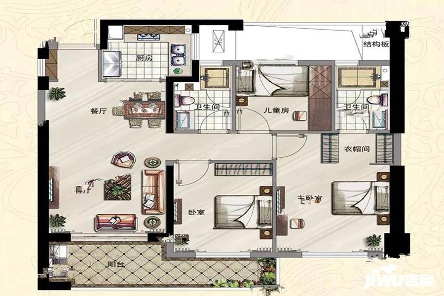 霞浦三盛璞悦山河3室1厅2卫89㎡户型图