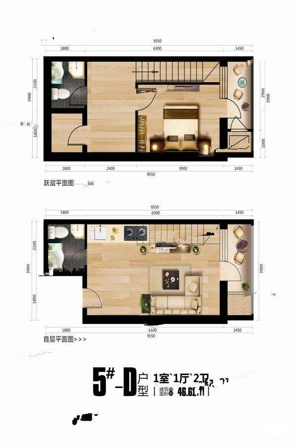 全景晋阳湖1室1厅2卫46.6㎡户型图