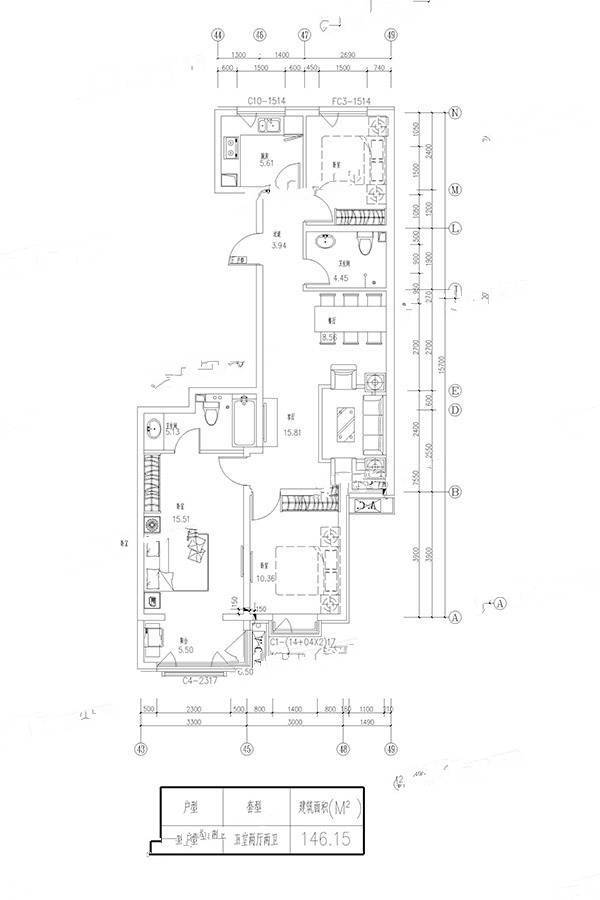 金盛园小区二期3室2厅2卫146.2㎡户型图