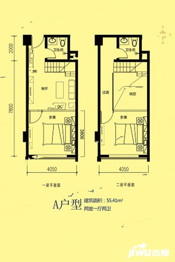 融鼎5号2室1厅2卫55.4㎡户型图