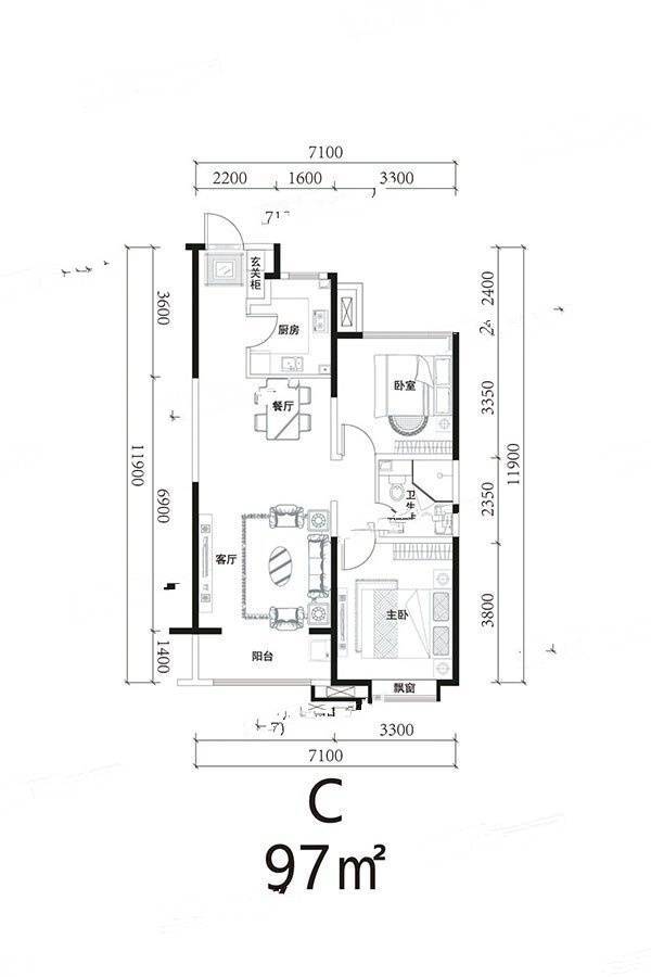 辰兴优山美郡2室2厅1卫97㎡户型图