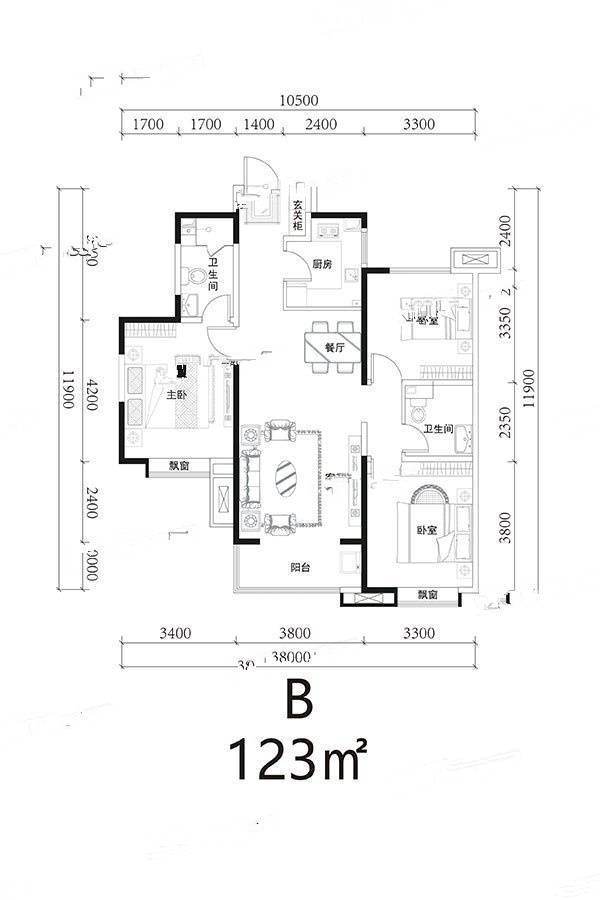 辰兴优山美郡3室2厅1卫123㎡户型图