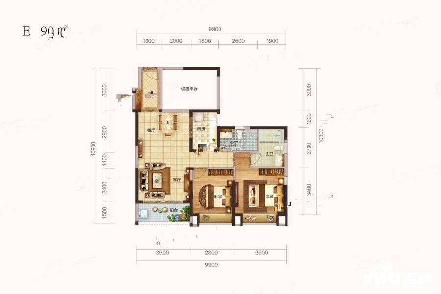 城投长信上东城2室2厅2卫90㎡户型图