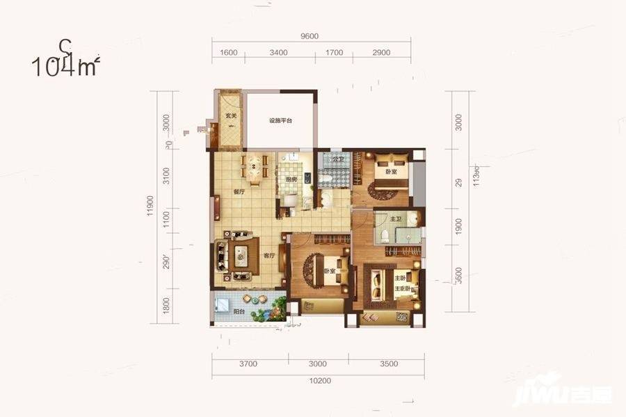 城投长信上东城3室2厅2卫104㎡户型图