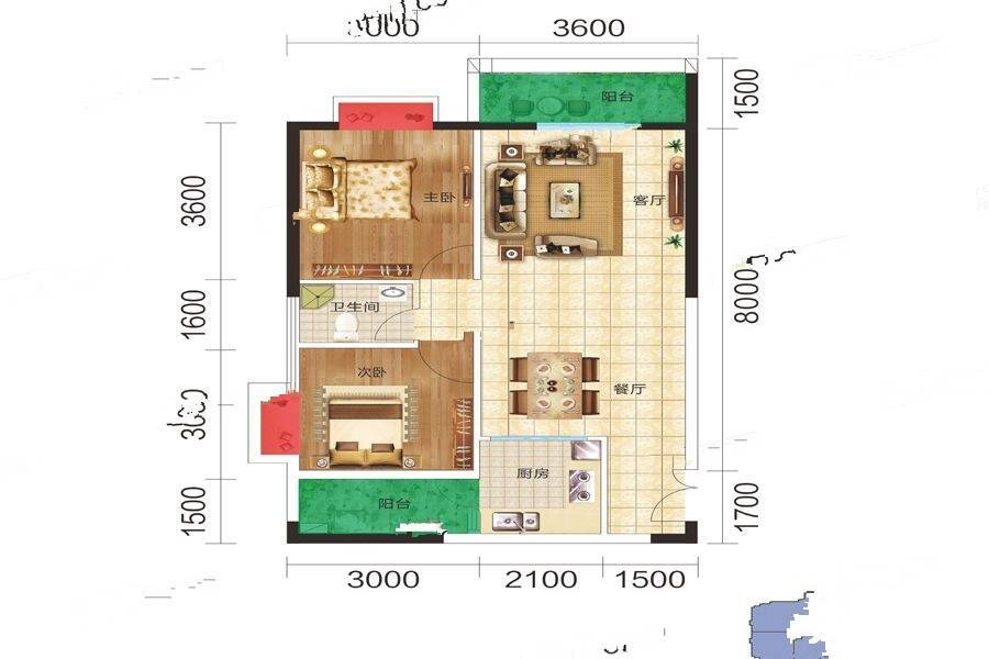 滨江名苑2室2厅1卫87㎡户型图