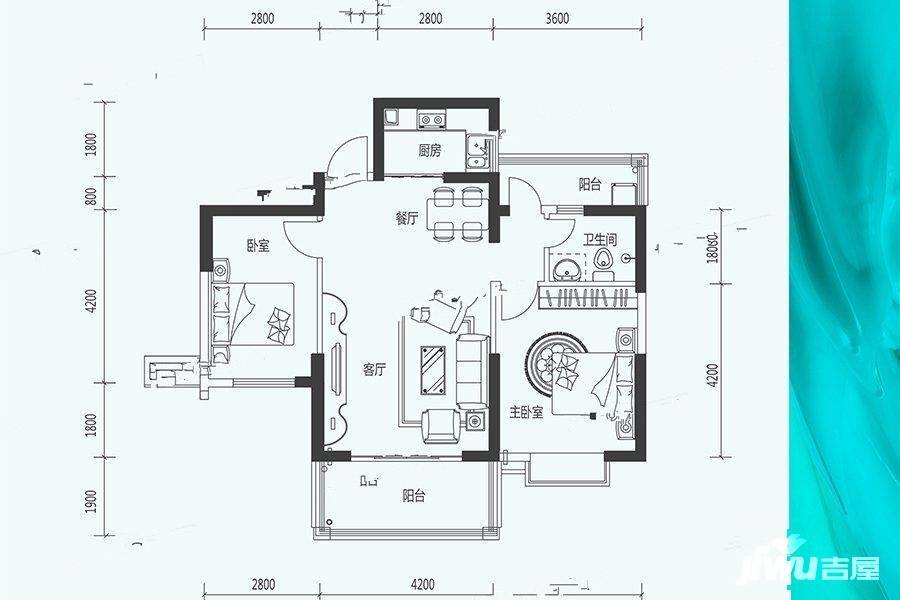 粤泰滨江花园2室2厅1卫89.4㎡户型图