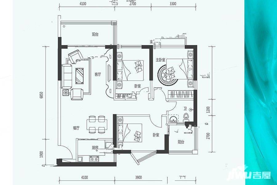 粤泰滨江花园3室2厅1卫102.8㎡户型图