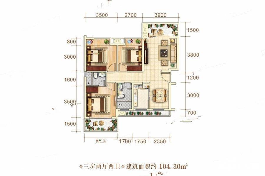 博泰海畔澜廷3室2厅2卫104.3㎡户型图