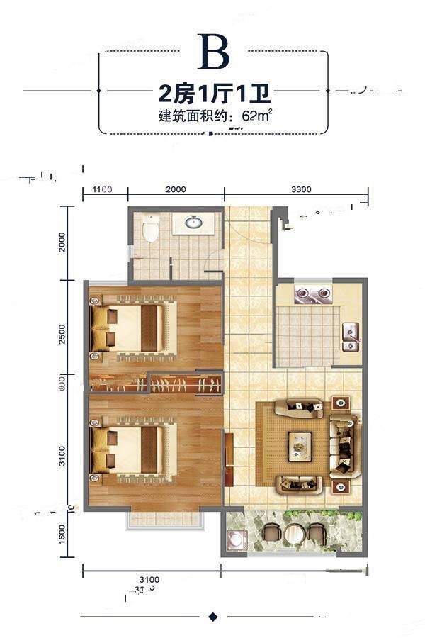 椰海润景2室1厅1卫62㎡户型图