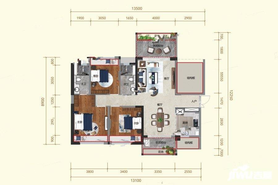 合泰汇景3室2厅2卫126.7㎡户型图