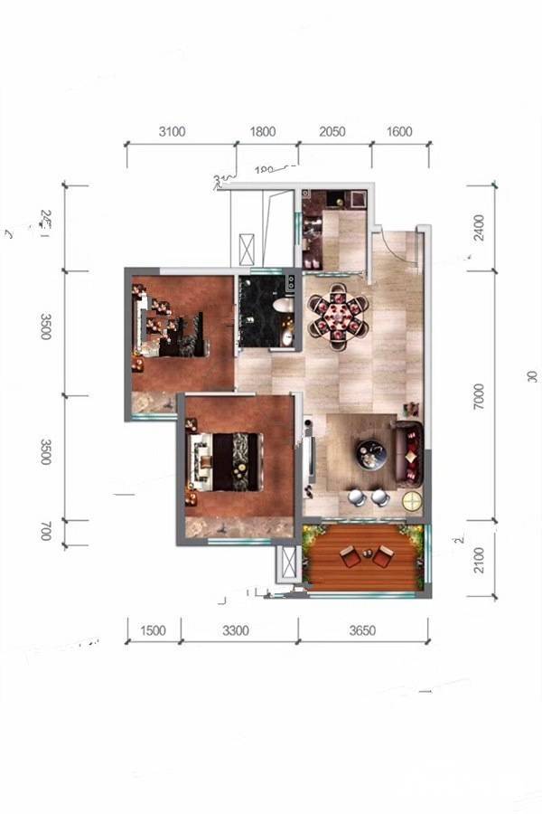 滨江世纪佳城2室2厅1卫84.7㎡户型图