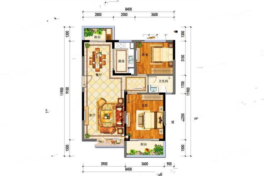 金盘名邸2室2厅1卫96㎡户型图