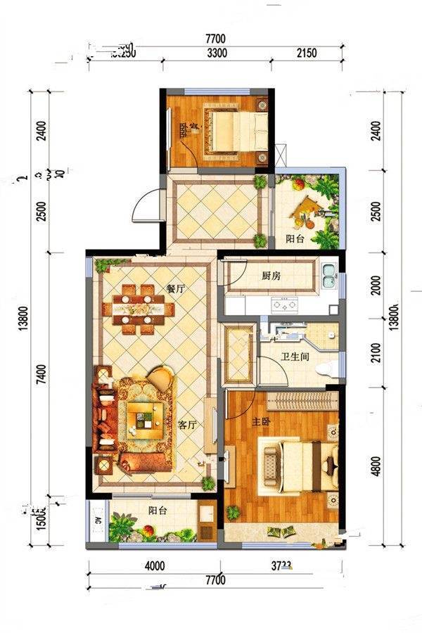 金盘名邸2室2厅1卫103.1㎡户型图