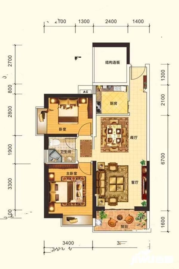 海口盛达景都2室2厅1卫86.2㎡户型图