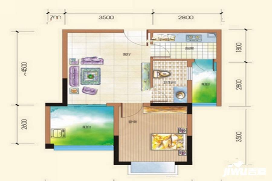 美林苑2期1室1厅1卫50.6㎡户型图