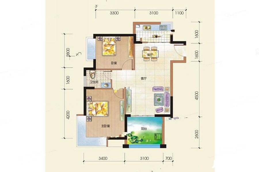 美林苑2期2室2厅1卫75.4㎡户型图