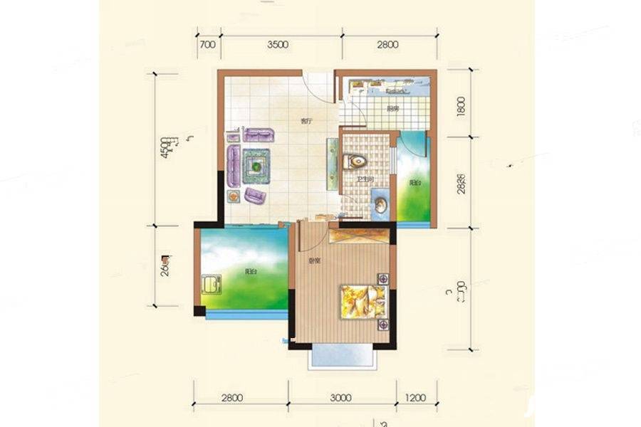 美林苑2期1室1厅1卫50.6㎡户型图